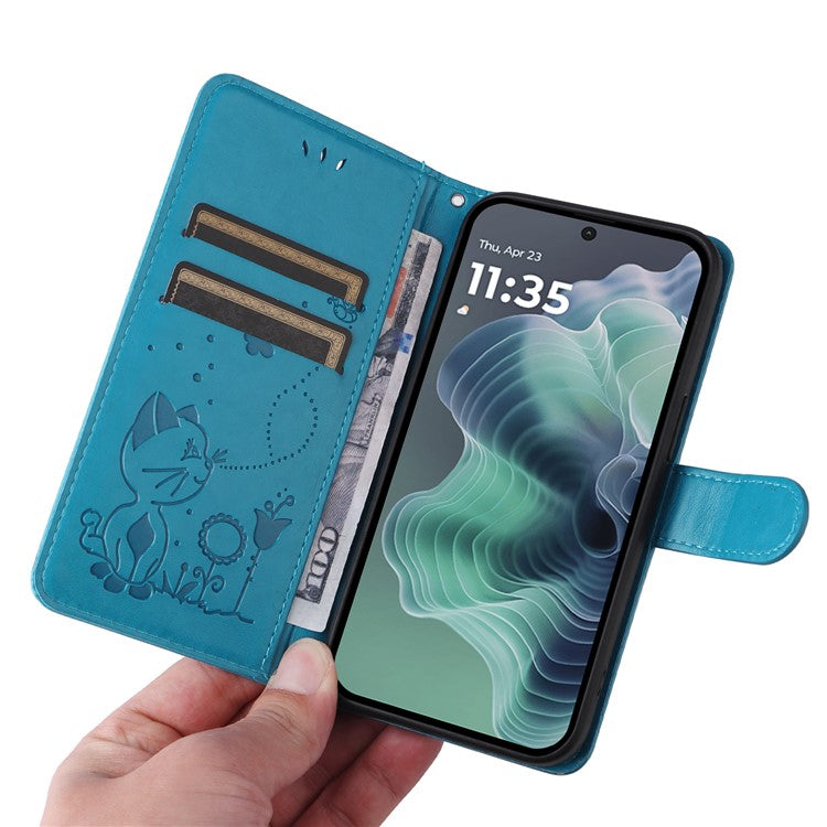 For Motorola Moto G35 5G Case Cat Bee Pattern Leather Phone Cover - Blue