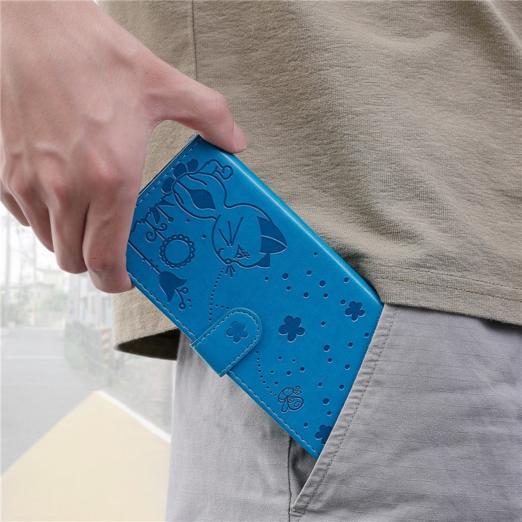 For Motorola Moto G35 5G Case Cat Bee Pattern Leather Phone Cover - Blue