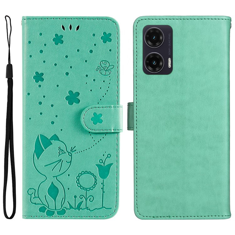For Motorola Moto G35 5G Case Cat Bee Pattern Leather Phone Cover - Green