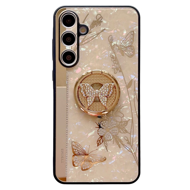 For Samsung Galaxy A35 5G Case Rhinestones Decor Kickstand TPU+PC Butterfly Floral Phone Cover - Gold