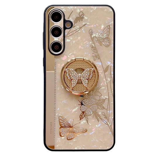 For Samsung Galaxy A35 5G Case Rhinestones Decor Kickstand TPU+PC Butterfly Floral Phone Cover - Gold