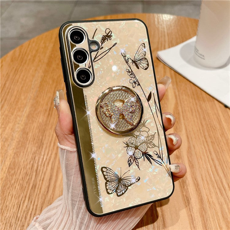 For Samsung Galaxy A35 5G Case Rhinestones Decor Kickstand TPU+PC Butterfly Floral Phone Cover - Gold