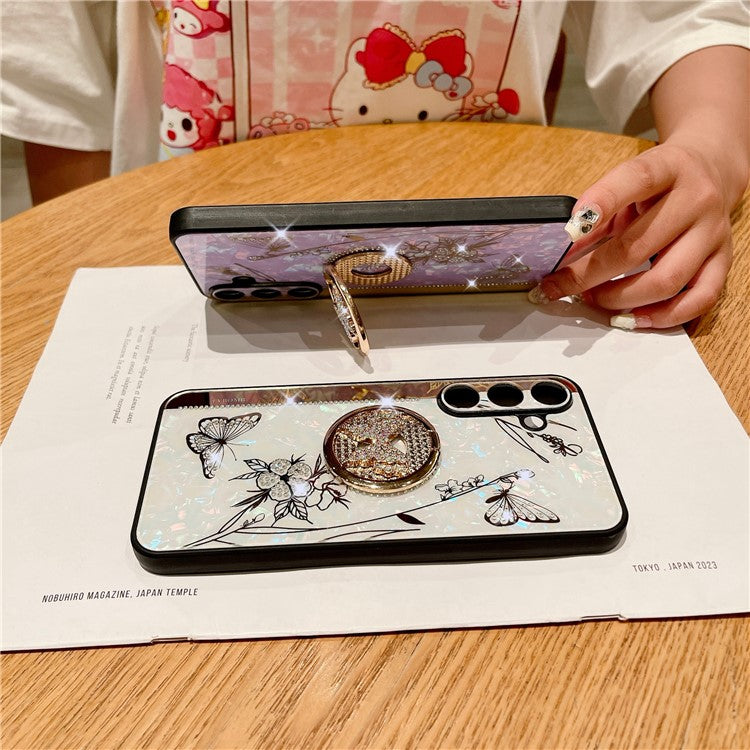 For Samsung Galaxy A35 5G Case Rhinestones Decor Kickstand TPU+PC Butterfly Floral Phone Cover - Gold
