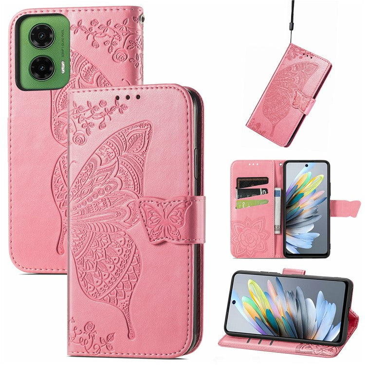 For Motorola Moto G35 5G Case PU Leather Wallet Phone Cover Butterfly Pattern - Pink
