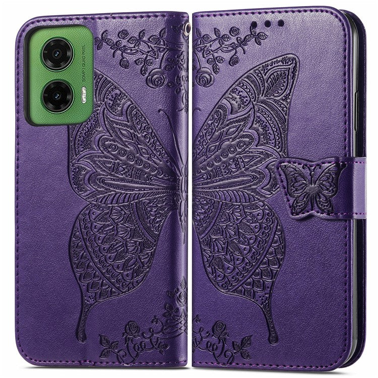 For Motorola Moto G35 5G Case PU Leather Wallet Phone Cover Butterfly Pattern - Dark Purple