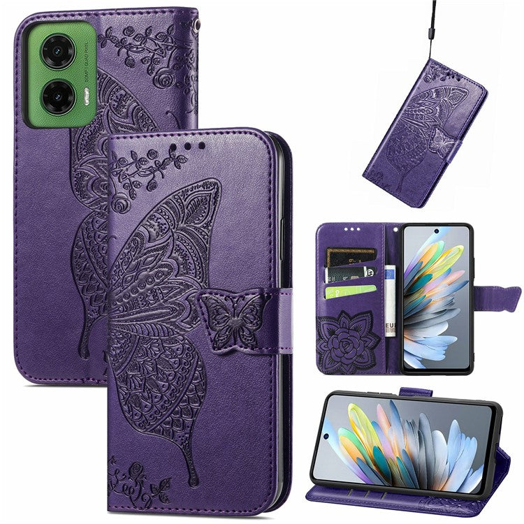 For Motorola Moto G35 5G Case PU Leather Wallet Phone Cover Butterfly Pattern - Dark Purple