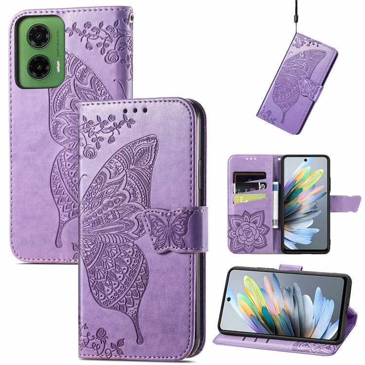 For Motorola Moto G35 5G Case PU Leather Wallet Phone Cover Butterfly Pattern - Light Purple