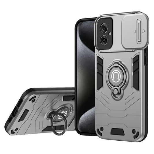 For Motorola Moto G55 5G Case Slide Camshield Kickstand PC+TPU Phone Cover - Grey