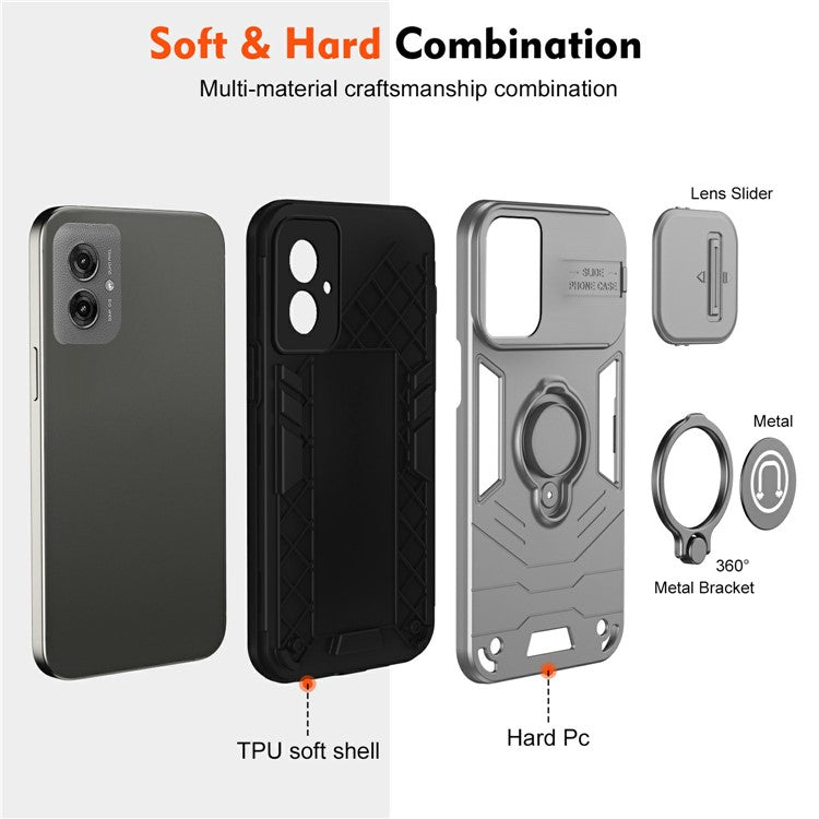 For Motorola Moto G55 5G Case Slide Camshield Kickstand PC+TPU Phone Cover - Grey