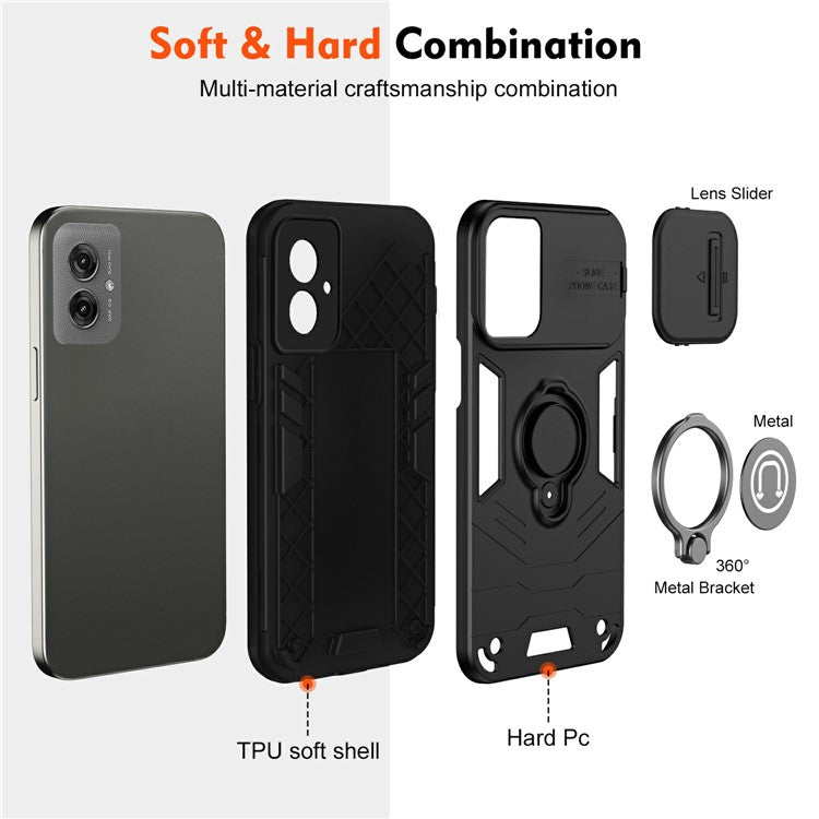 For Motorola Moto G55 5G Case Slide Camshield Kickstand PC+TPU Phone Cover - Black