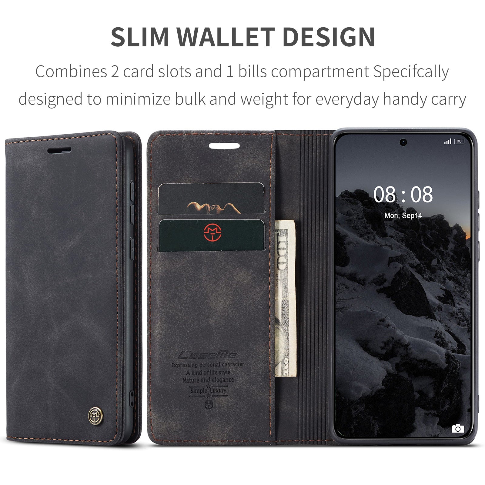 For Huawei Mate 60 Case CASEME 013 Series Card Holder Stand Leather Phone Cover - Black