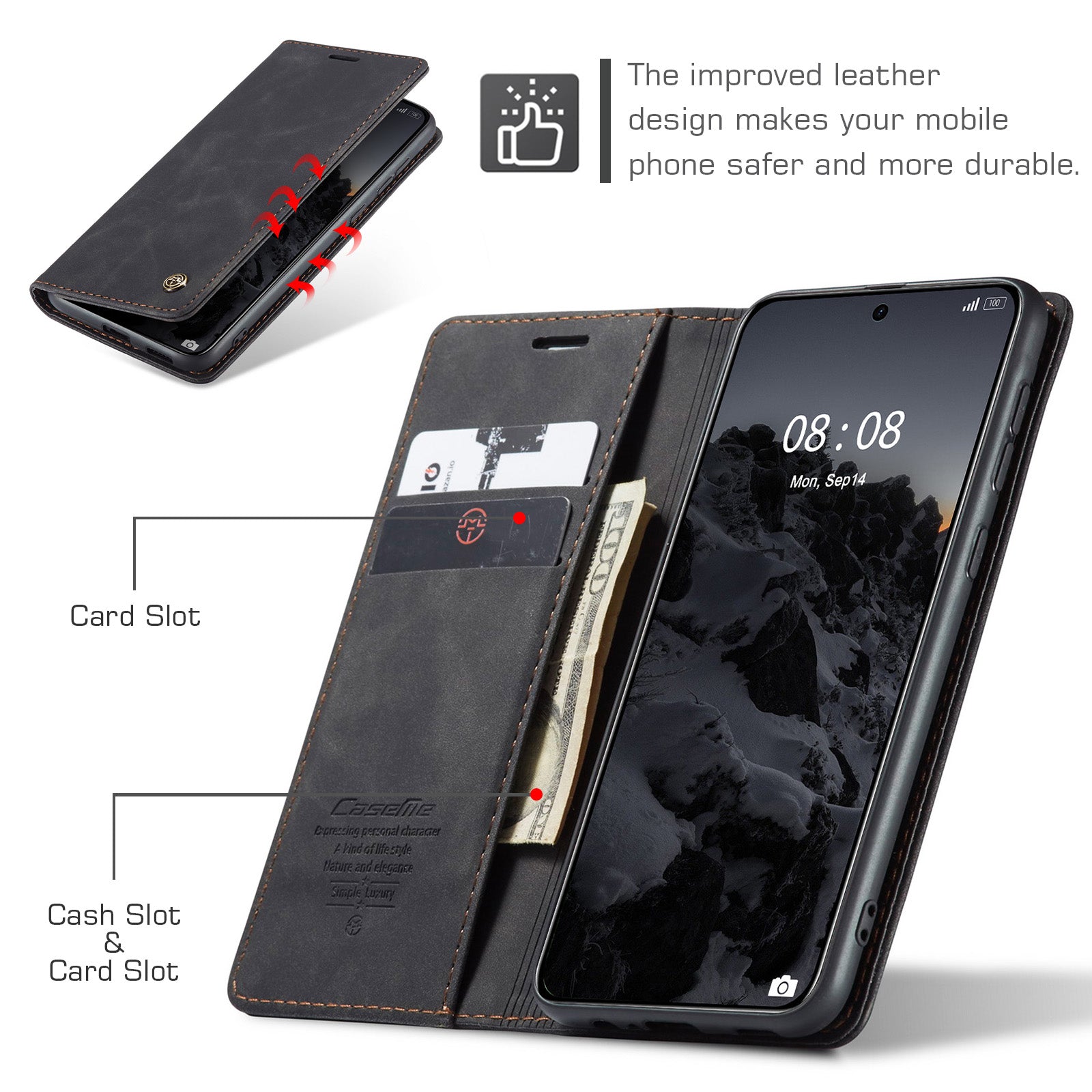 For Huawei Mate 60 Case CASEME 013 Series Card Holder Stand Leather Phone Cover - Black