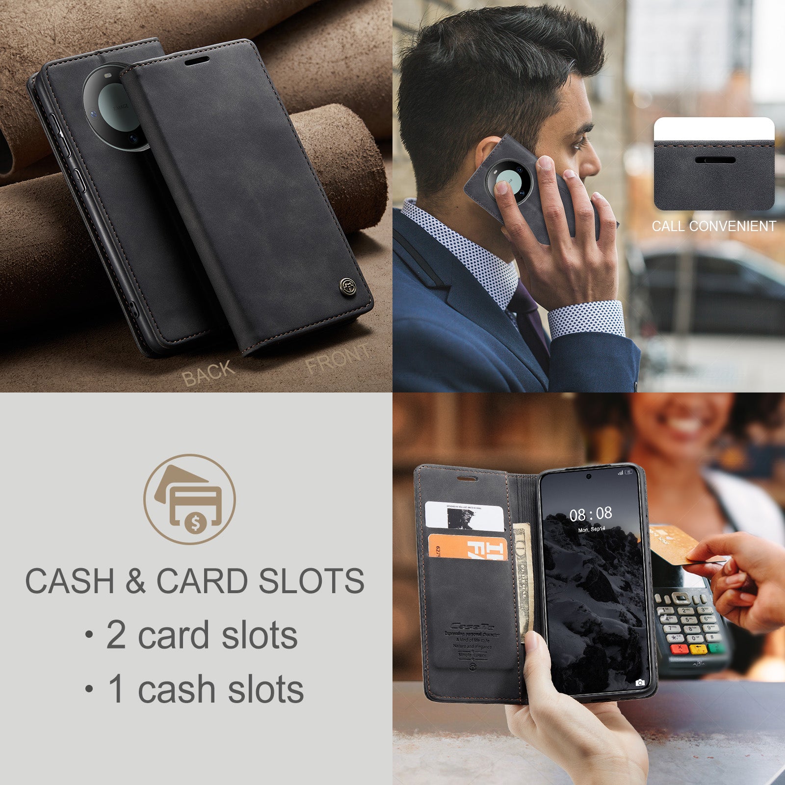 For Huawei Mate 60 Case CASEME 013 Series Card Holder Stand Leather Phone Cover - Black