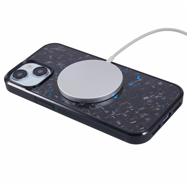 For iPhone 14 Magnetic Case Forged Texture Aramid Fiber+TPU Anti-Slip Phone Cover - Blue