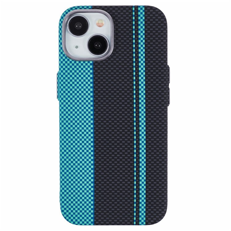 For iPhone 14 Case Compatible with MagSafe Carbon Fiber Texture Water-Transfer PC Phone Cover - Blue+Black Stripes