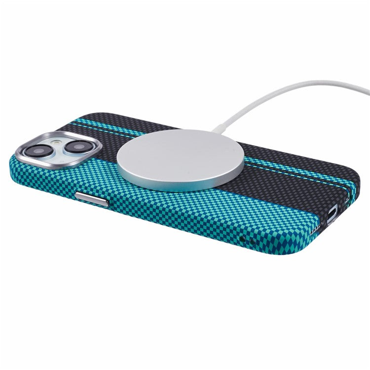 For iPhone 14 Case Compatible with MagSafe Carbon Fiber Texture Water-Transfer PC Phone Cover - Blue+Black Stripes