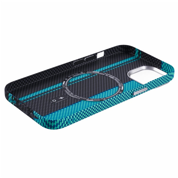 For iPhone 14 Case Compatible with MagSafe Carbon Fiber Texture Water-Transfer PC Phone Cover - Blue+Black Stripes