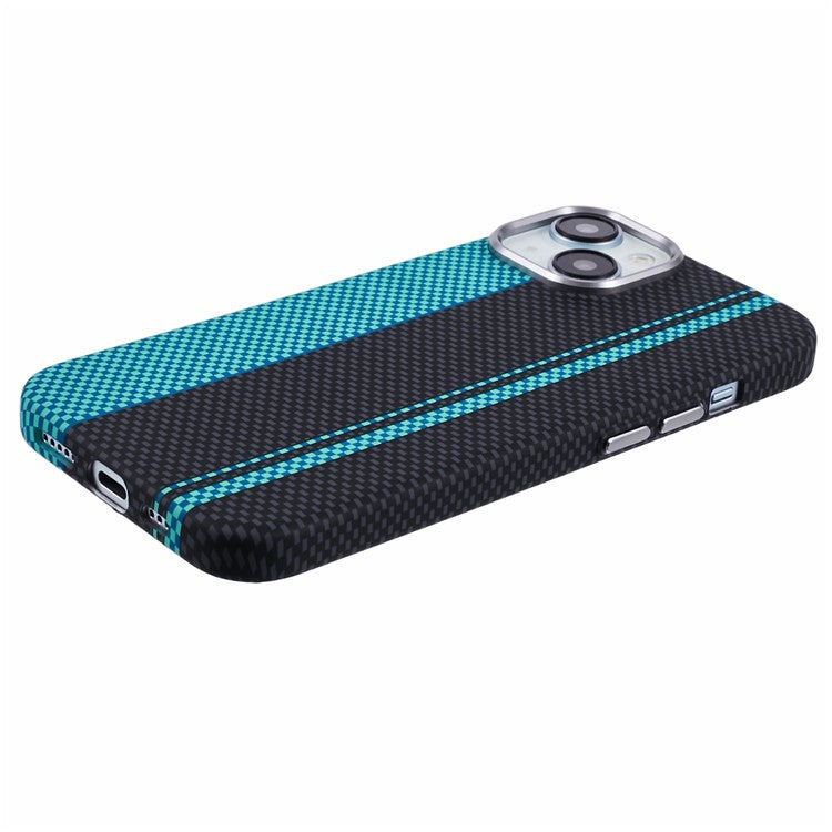 For iPhone 14 Case Compatible with MagSafe Carbon Fiber Texture Water-Transfer PC Phone Cover - Blue+Black Stripes