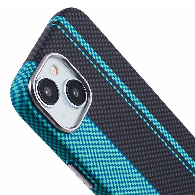 For iPhone 14 Case Compatible with MagSafe Carbon Fiber Texture Water-Transfer PC Phone Cover - Blue+Black Stripes