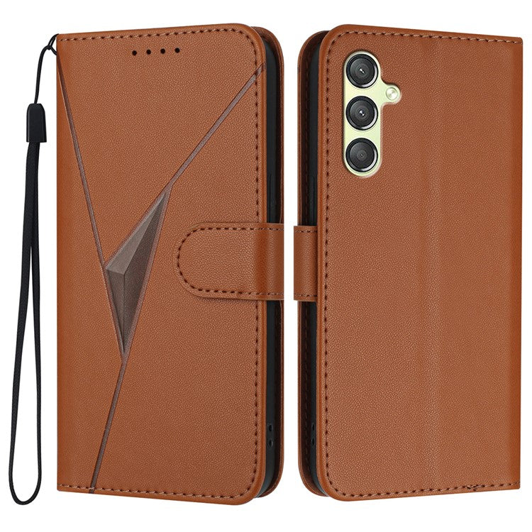 YX0090 For Samsung Galaxy A34 5G Case Triangle Imprint Leather Phone Cover with Lanyard - Coffee