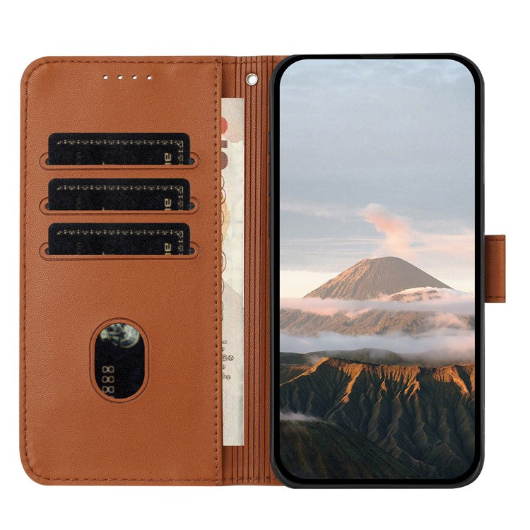 YX0090 For Samsung Galaxy A34 5G Case Triangle Imprint Leather Phone Cover with Lanyard - Coffee