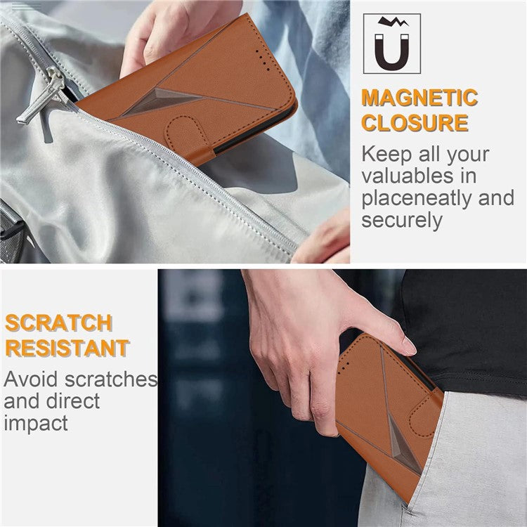 YX0090 For Samsung Galaxy A34 5G Case Triangle Imprint Leather Phone Cover with Lanyard - Coffee
