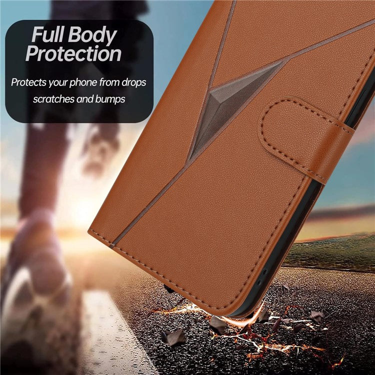 YX0090 For Samsung Galaxy A34 5G Case Triangle Imprint Leather Phone Cover with Lanyard - Coffee