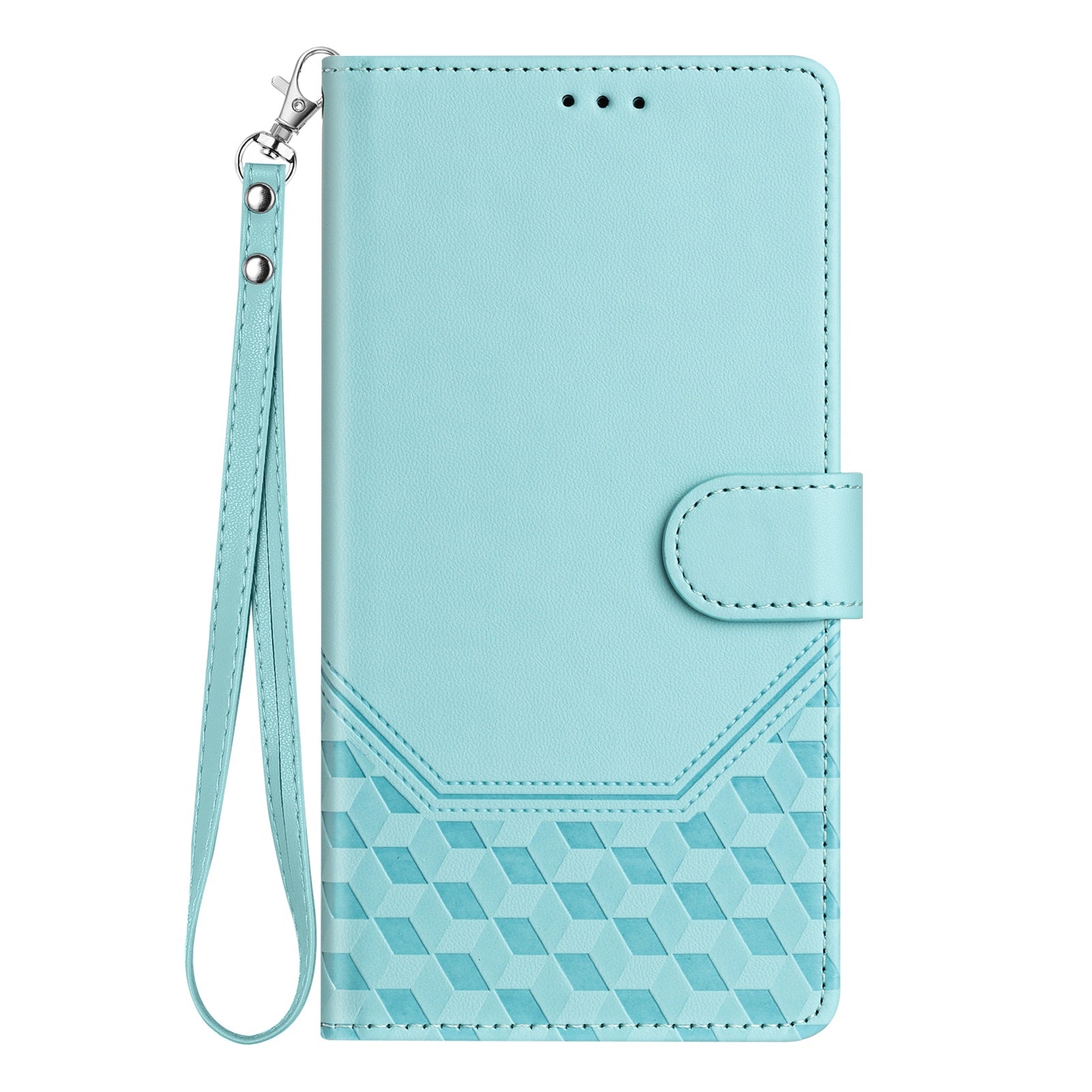 For Motorola Moto G35 5G Case Imprinted Honeycomb RFID Blocking Leather Phone Cover with Strap - Mint Green