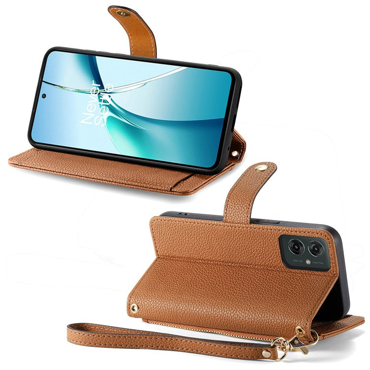 For Motorola Moto G55 5G Case RFID Blocking Zipper Pocket Leather Wallet Phone Cover - Brown
