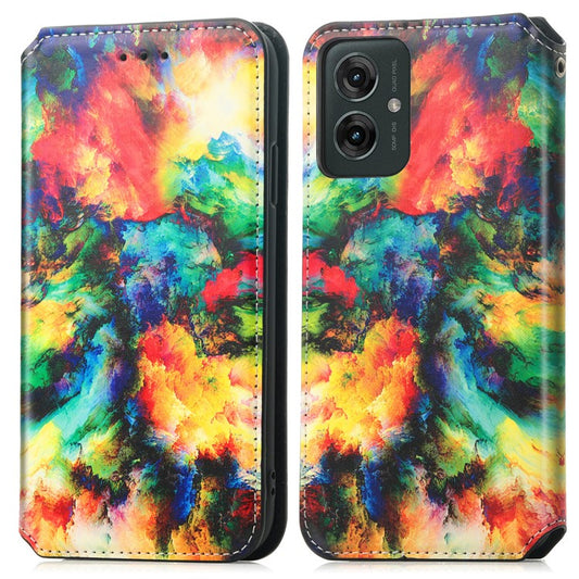 CASENEO RFID Blocking Case For Motorola Moto G55 5G Wallet Leather Cover Pattern Print - Iridescent Cloud