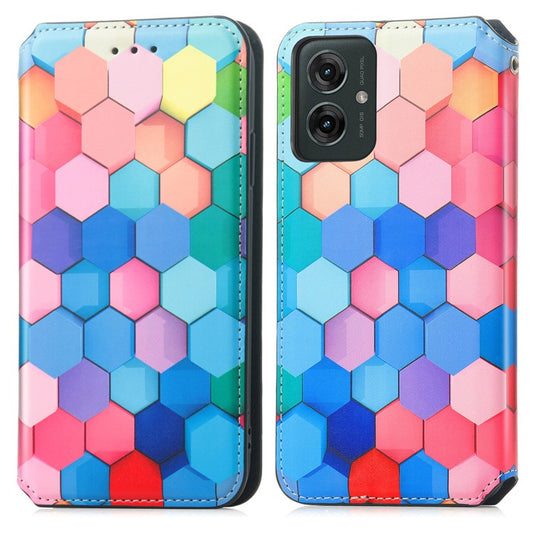 CASENEO RFID Blocking Case For Motorola Moto G55 5G Wallet Leather Cover Pattern Print - Colorful Honeycomb