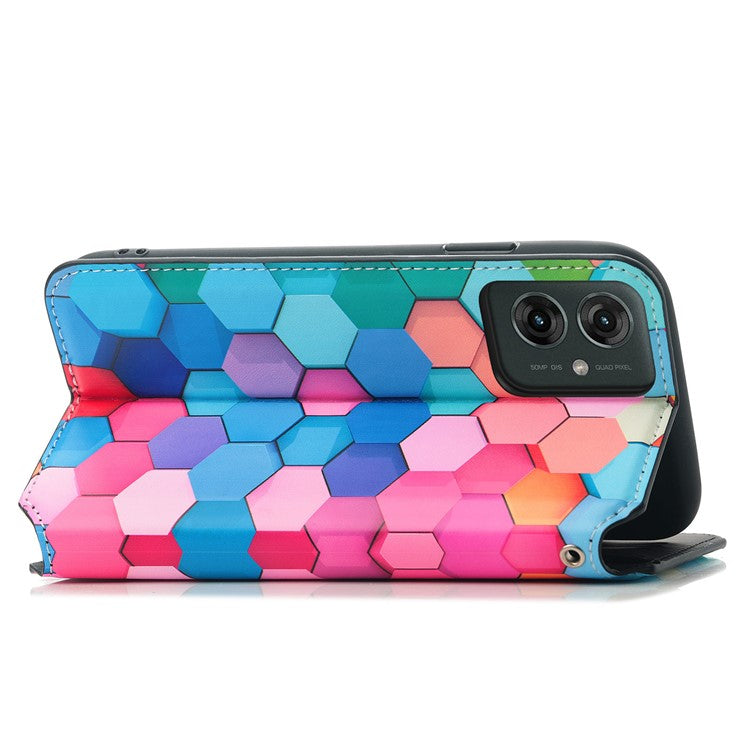 CASENEO RFID Blocking Case For Motorola Moto G55 5G Wallet Leather Cover Pattern Print - Colorful Honeycomb
