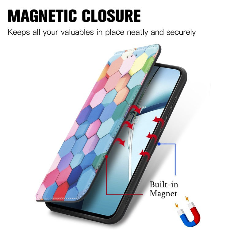 CASENEO RFID Blocking Case For Motorola Moto G55 5G Wallet Leather Cover Pattern Print - Colorful Honeycomb