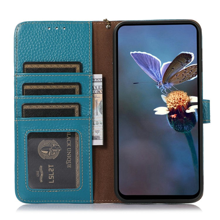 For Xiaomi Redmi Note 14 Pro+ 5G / Note 14 Pro 5G / Poco X7 5G Case RFID Blocking Genuine Cow Leather Phone Cover Litchi Texture - Blue