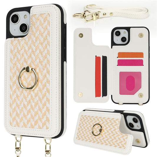 For iPhone 14  /  13 Case with Card Holder, Kickstand, RFID Blocking PU+TPU Phone Back Cover - White