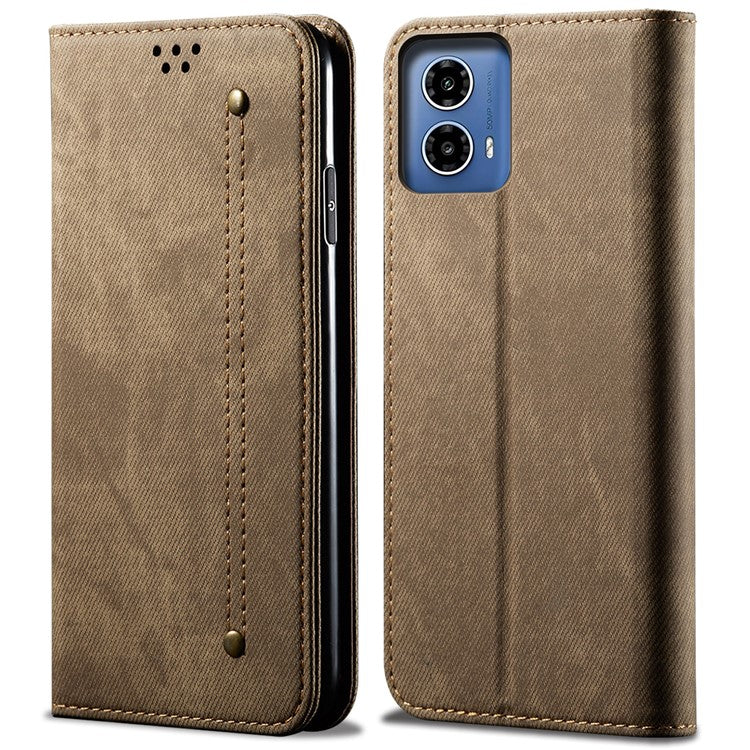 For Motorola Moto G35 5G Case Jeans Cloth Texture Anti-Scratch Leather Stand Phone Cover - Khaki