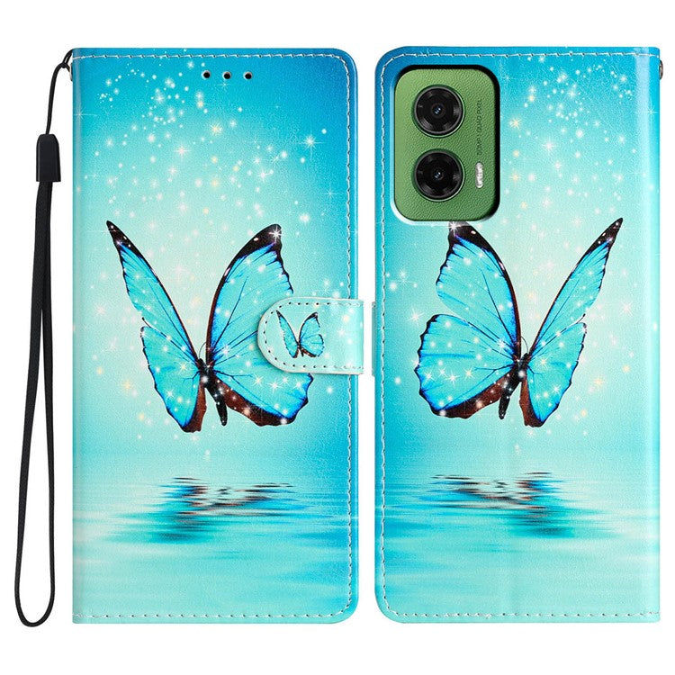 For Motorola Moto G35 5G Wallet Case PU Leather Pattern Printing Stand Phone Cover with Strap - Blue Butterfly