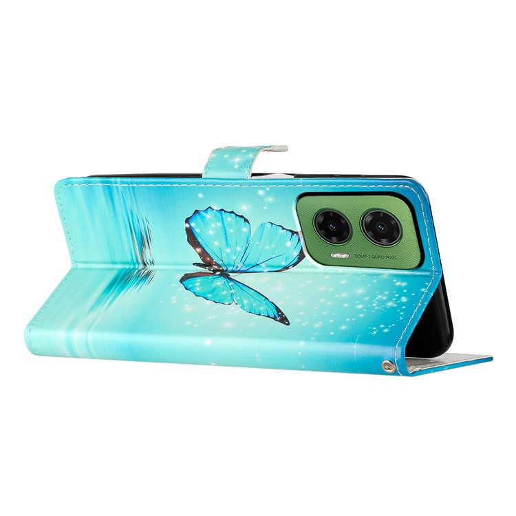 For Motorola Moto G35 5G Wallet Case PU Leather Pattern Printing Stand Phone Cover with Strap - Blue Butterfly