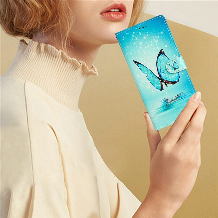 For Motorola Moto G35 5G Wallet Case PU Leather Pattern Printing Stand Phone Cover with Strap - Blue Butterfly