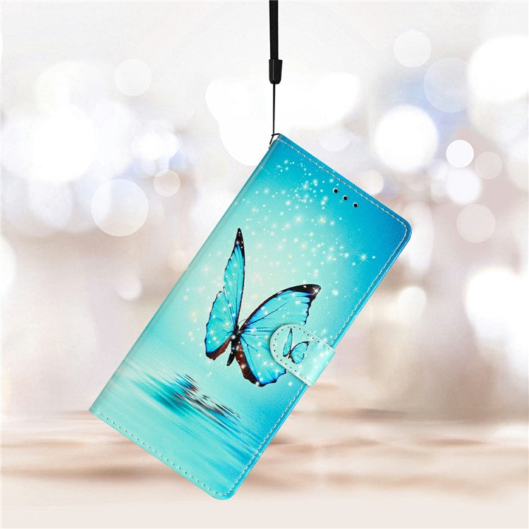 For Motorola Moto G35 5G Wallet Case PU Leather Pattern Printing Stand Phone Cover with Strap - Blue Butterfly