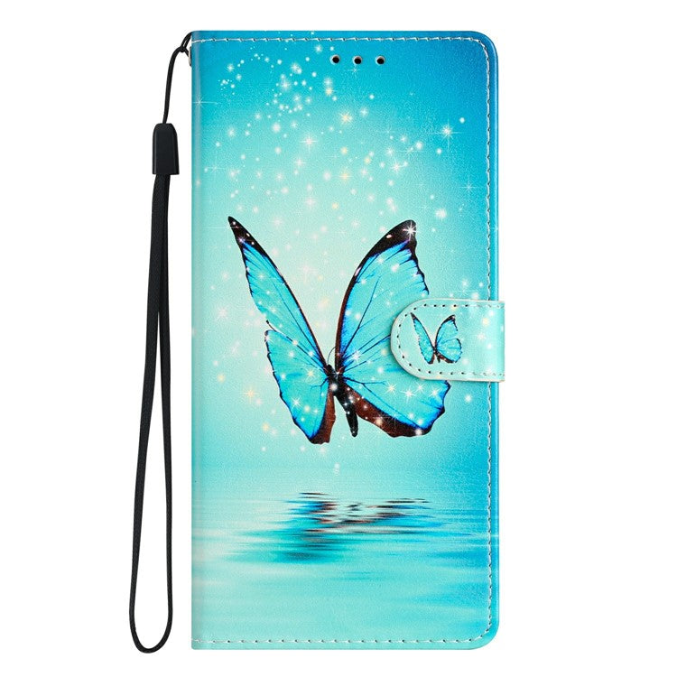 For Motorola Moto G35 5G Wallet Case PU Leather Pattern Printing Stand Phone Cover with Strap - Blue Butterfly