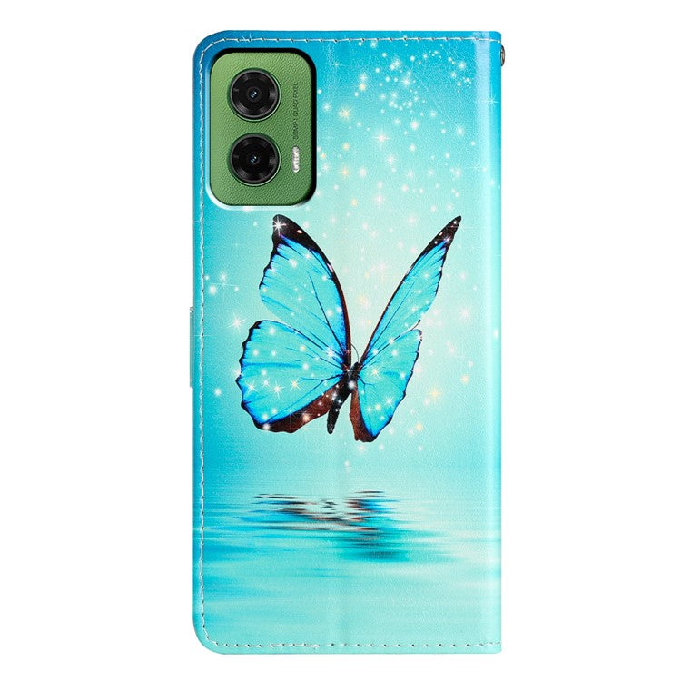 For Motorola Moto G35 5G Wallet Case PU Leather Pattern Printing Stand Phone Cover with Strap - Blue Butterfly