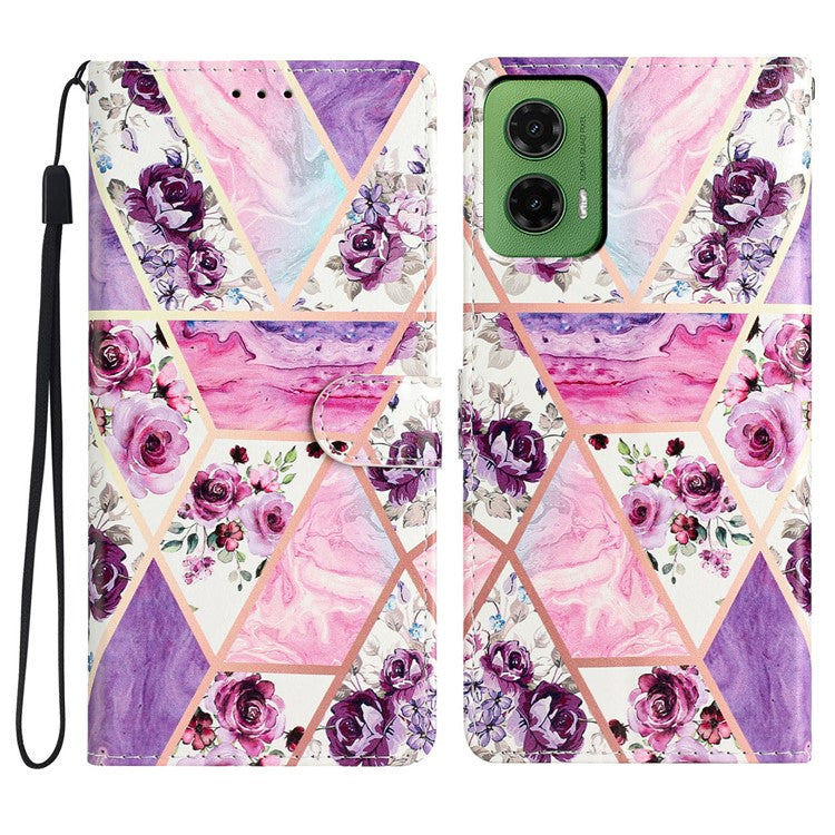 For Motorola Moto G35 5G Wallet Case PU Leather Pattern Printing Stand Phone Cover with Strap - Purple Flowers
