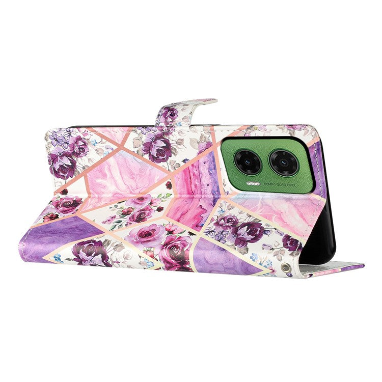 For Motorola Moto G35 5G Wallet Case PU Leather Pattern Printing Stand Phone Cover with Strap - Purple Flowers