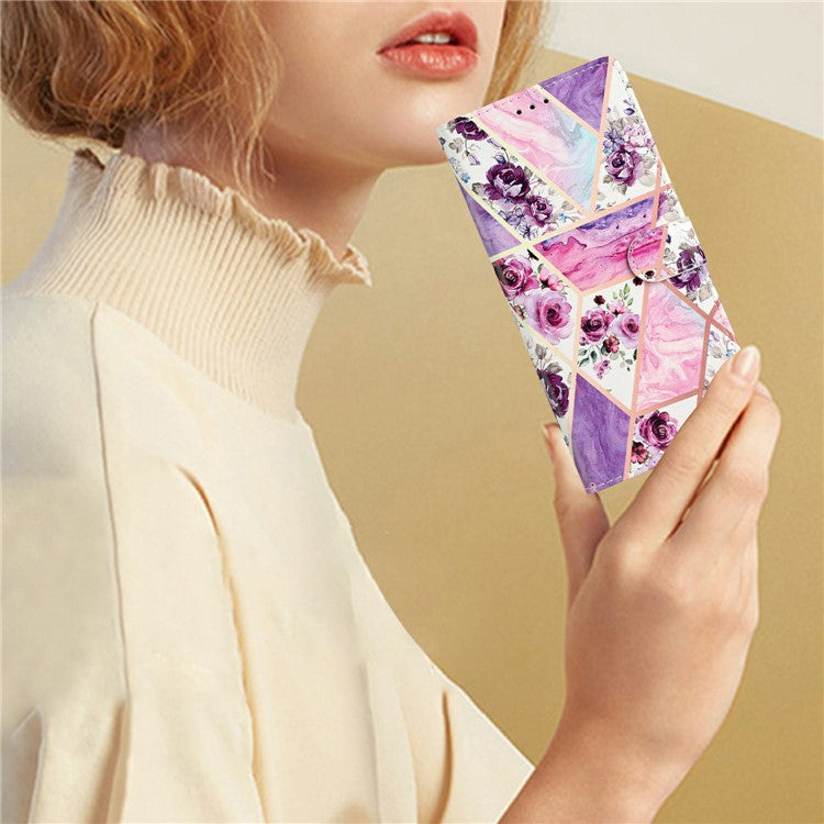 For Motorola Moto G35 5G Wallet Case PU Leather Pattern Printing Stand Phone Cover with Strap - Purple Flowers