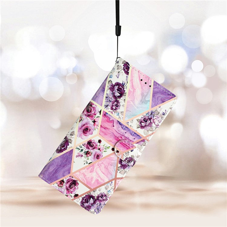 For Motorola Moto G35 5G Wallet Case PU Leather Pattern Printing Stand Phone Cover with Strap - Purple Flowers