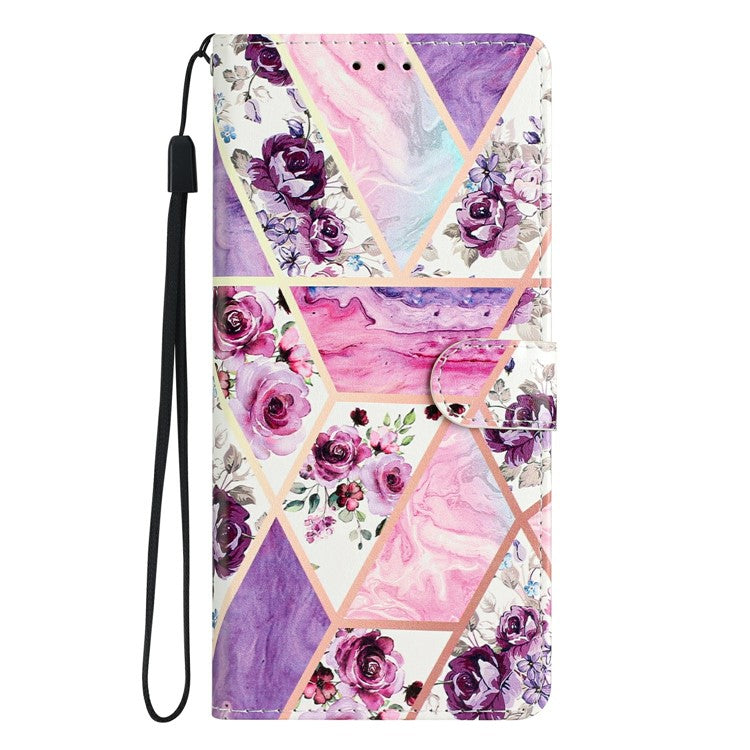 For Motorola Moto G35 5G Wallet Case PU Leather Pattern Printing Stand Phone Cover with Strap - Purple Flowers