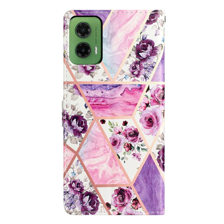 For Motorola Moto G35 5G Wallet Case PU Leather Pattern Printing Stand Phone Cover with Strap - Purple Flowers