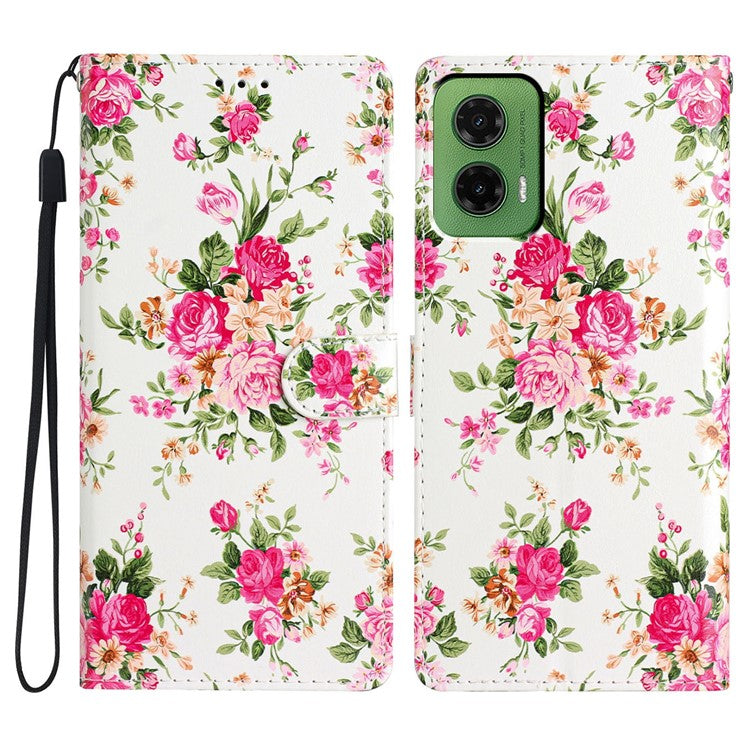 For Motorola Moto G35 5G Wallet Case PU Leather Pattern Printing Stand Phone Cover with Strap - Red Flowers