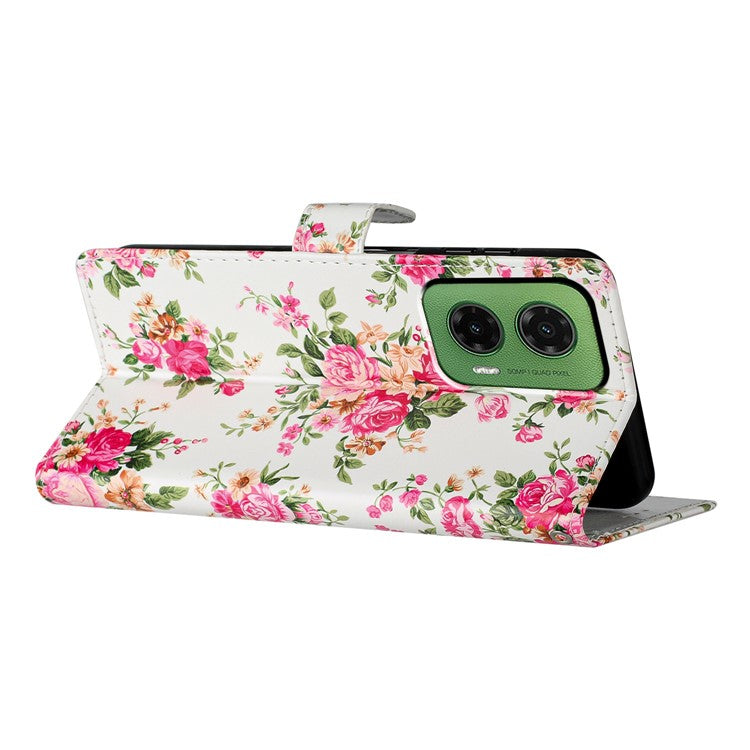For Motorola Moto G35 5G Wallet Case PU Leather Pattern Printing Stand Phone Cover with Strap - Red Flowers